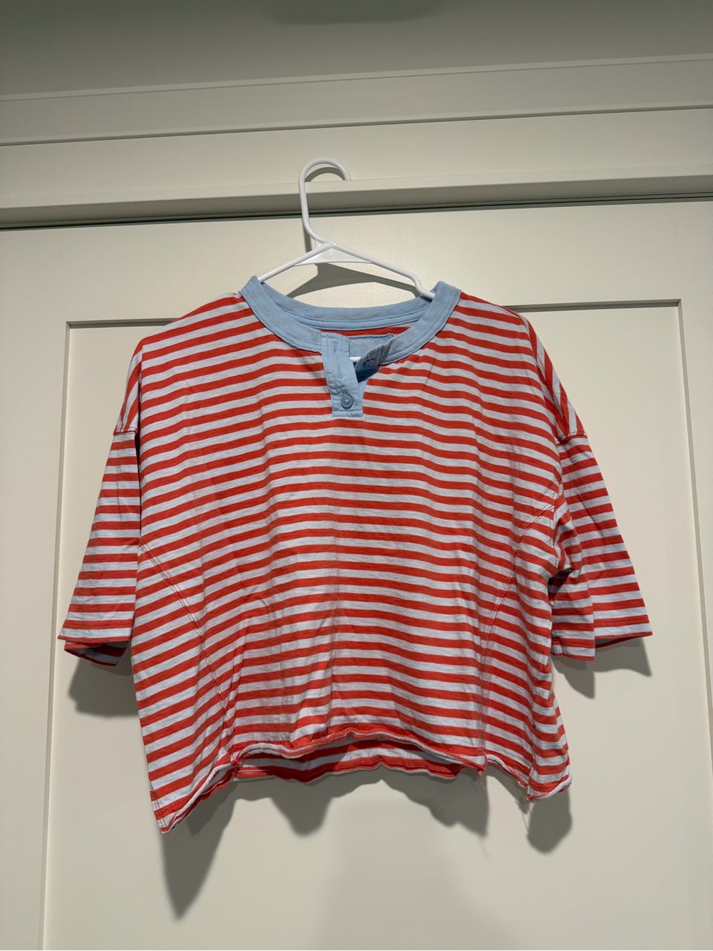 aerie Red and White Striped Short Sleeve Henley with Light Blue Trim